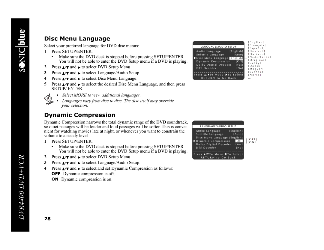 Sonic Blue DVR4400 manual Disc Menu Language, Dynamic Compression 