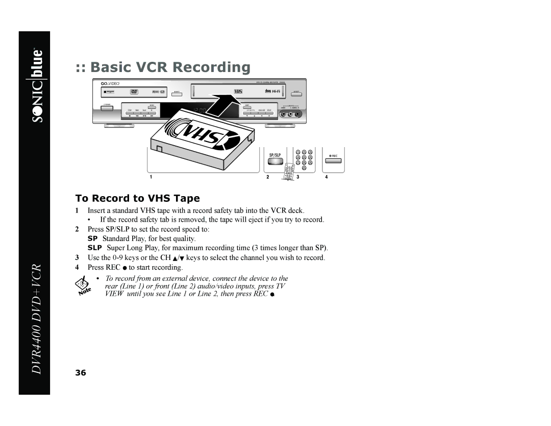 Sonic Blue DVR4400 manual Basic VCR Recording, To Record to VHS Tape 