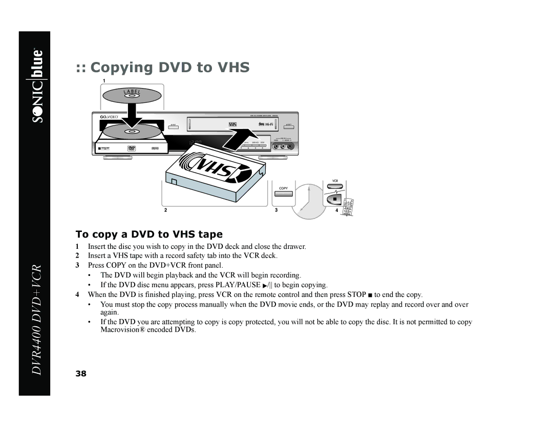 Sonic Blue DVR4400 manual Copying DVD to VHS, To copy a DVD to VHS tape 