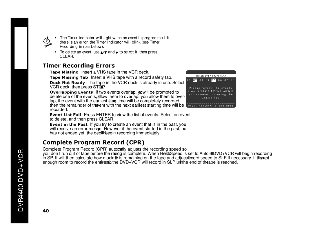 Sonic Blue DVR4400 manual Timer Recording Errors, Complete Program Record CPR 