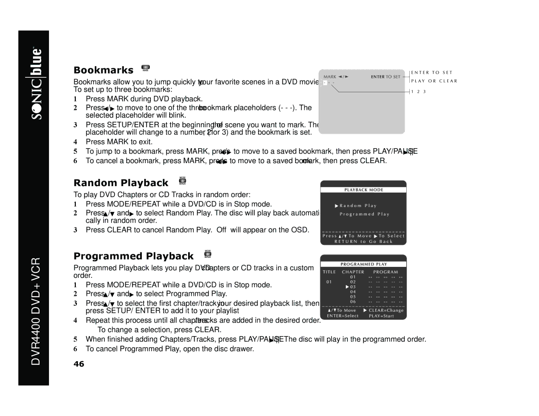 Sonic Blue DVR4400 manual Bookmarks, Random Playback, Programmed Playback 