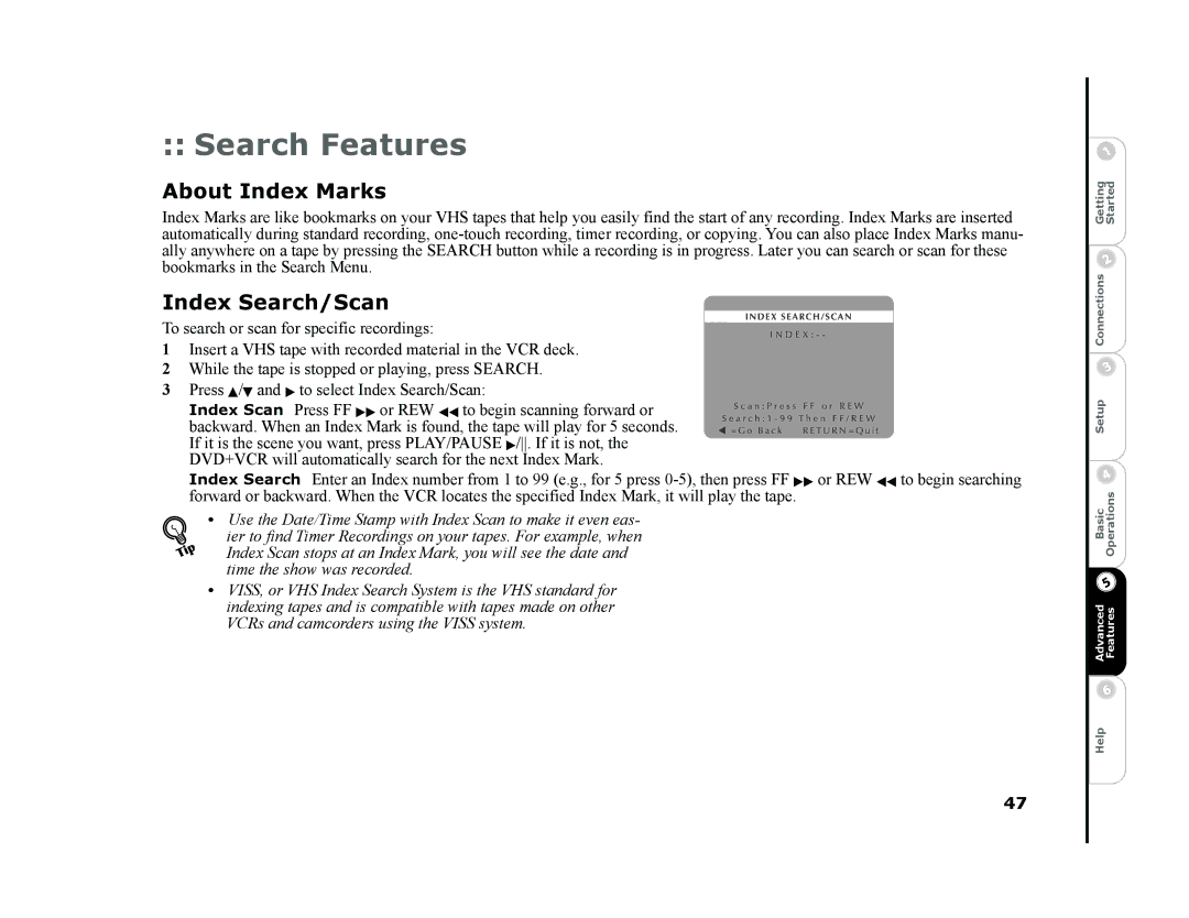 Sonic Blue DVR4400 manual Search Features, About Index Marks, Index Search/Scan 