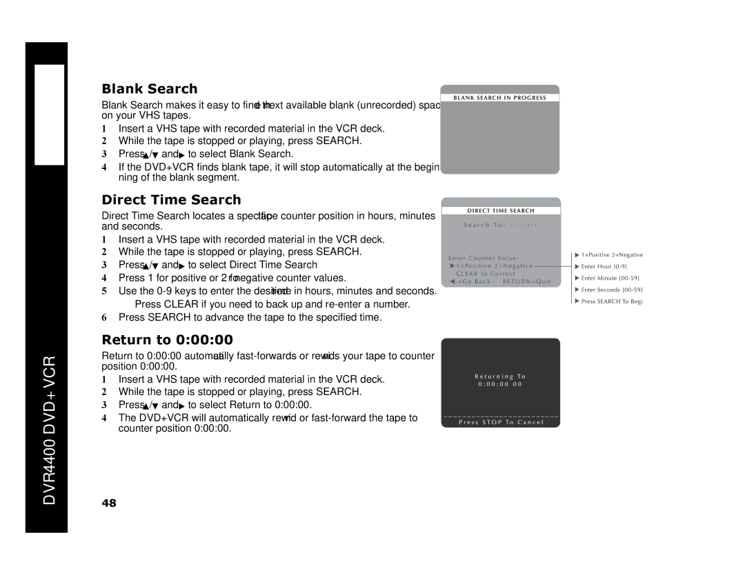 Sonic Blue DVR4400 manual Blank Search, Direct Time Search, Return to 