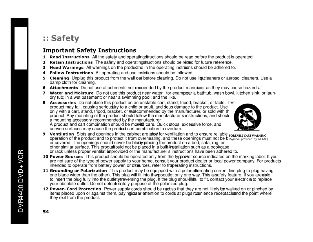 Sonic Blue DVR4400 manual Important Safety Instructions 