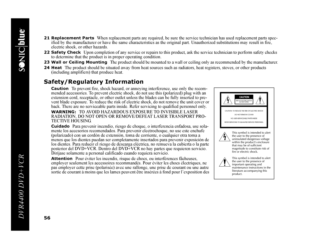 Sonic Blue DVR4400 manual Safety/Regulatory Information 