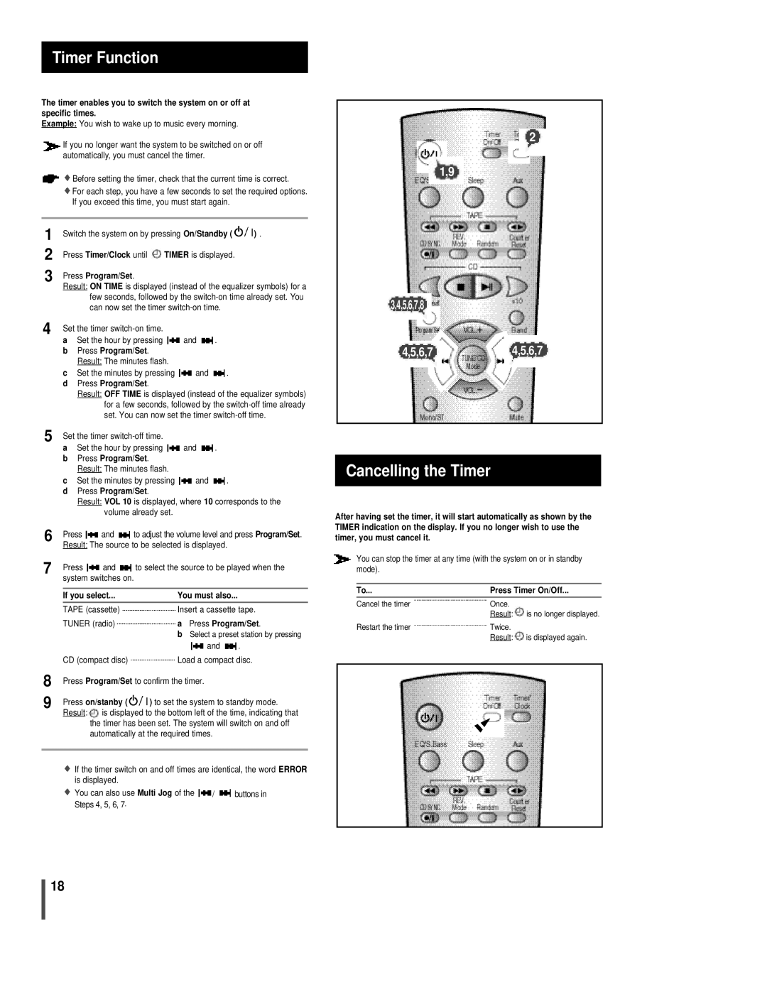 Sonic Blue EX1000 manual Timer Function, Cancelling the Timer, Press Timer/Clock until, If you select, Press Timer On/Off 