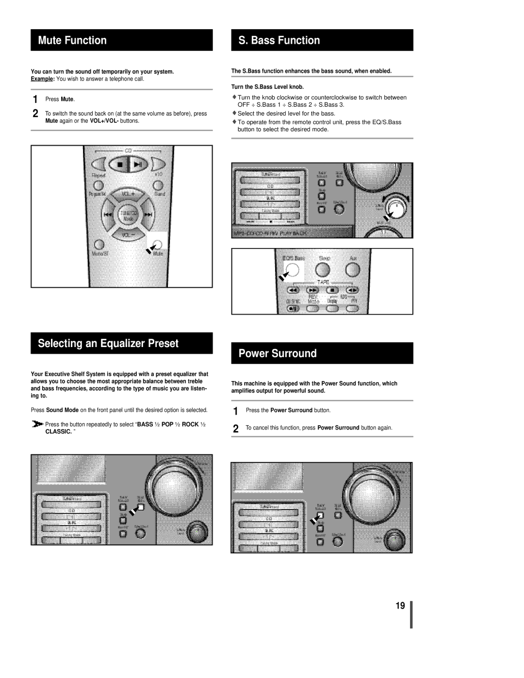 Sonic Blue EX1000 manual Mute Function, Selecting an Equalizer Preset, Bass Function, Power Surround 