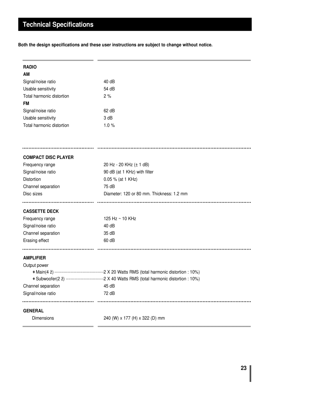 Sonic Blue EX1000 manual Technical Specifications, Amplifier 