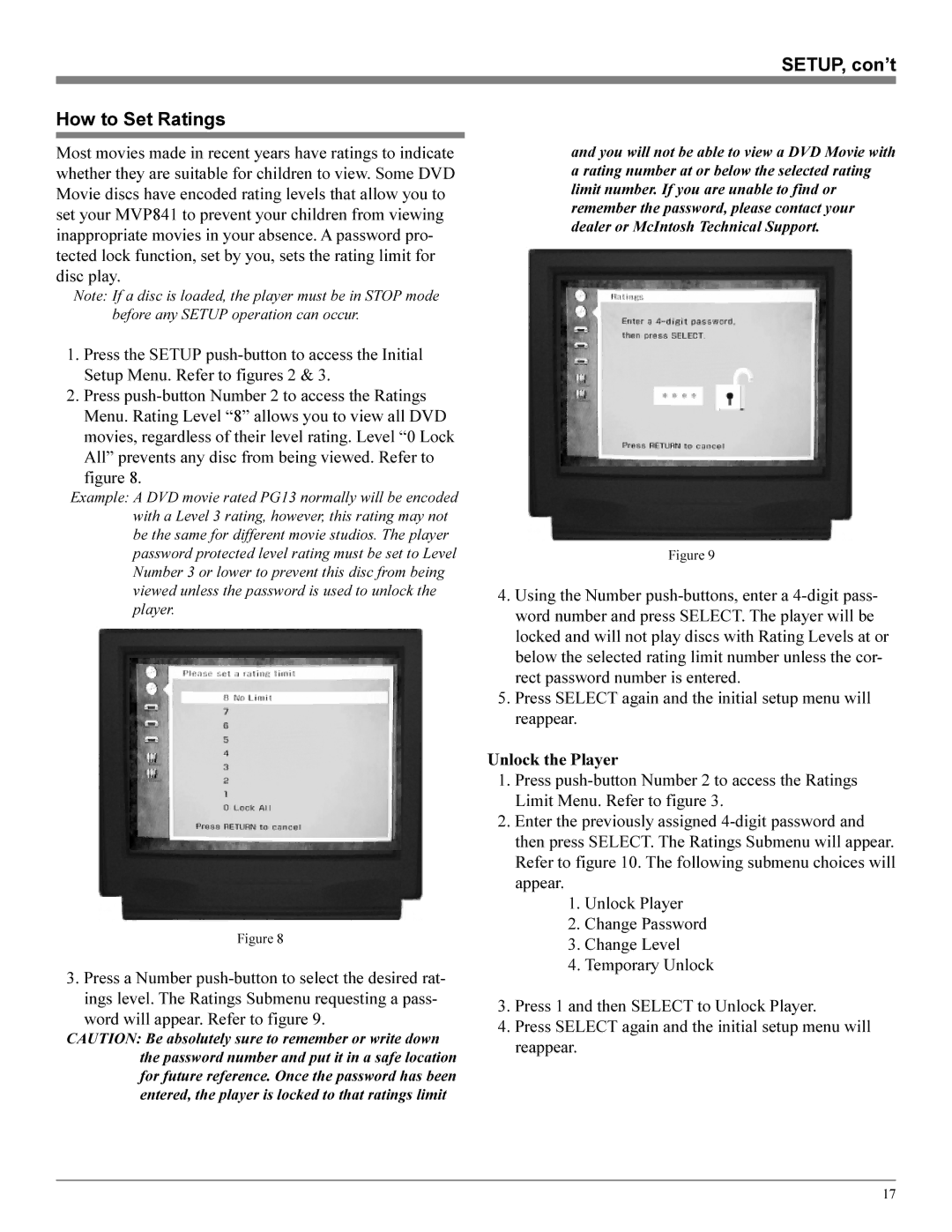 Sonic Blue MVP841 manual SETUP, con’t How to Set Ratings, Word will appear. Refer to figure, Unlock the Player 