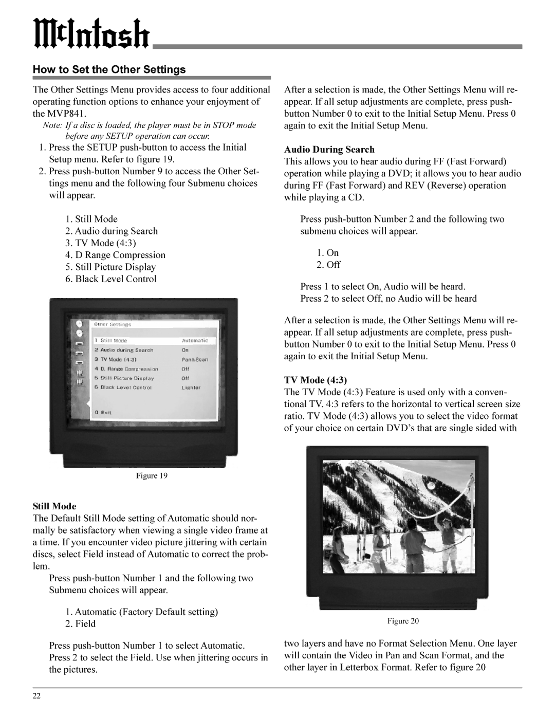 Sonic Blue MVP841 manual How to Set the Other Settings, Still Mode, Audio During Search, TV Mode 