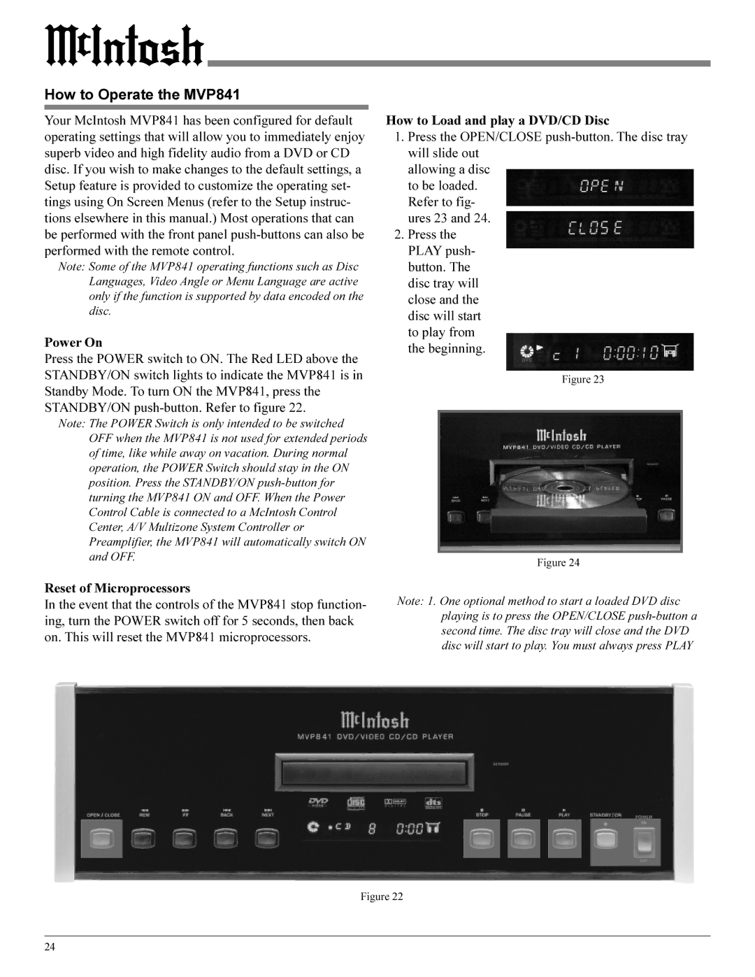 Sonic Blue manual How to Operate the MVP841, Power On, How to Load and play a DVD/CD Disc, Reset of Microprocessors 