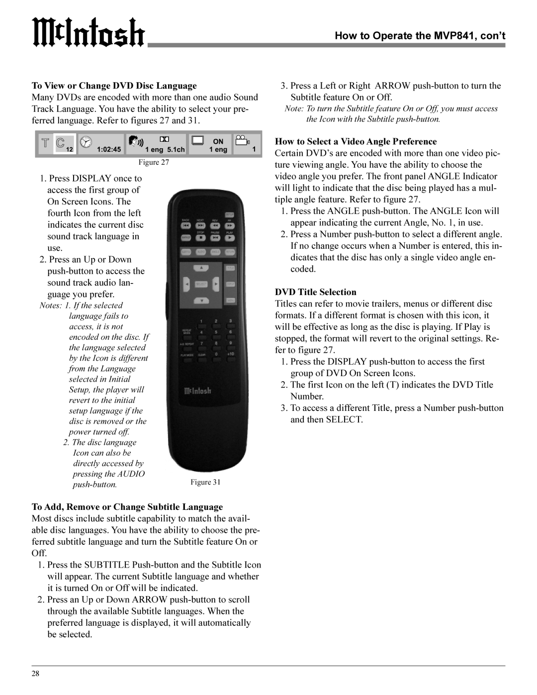 Sonic Blue MVP841 manual To View or Change DVD Disc Language, How to Select a Video Angle Preference, DVD Title Selection 