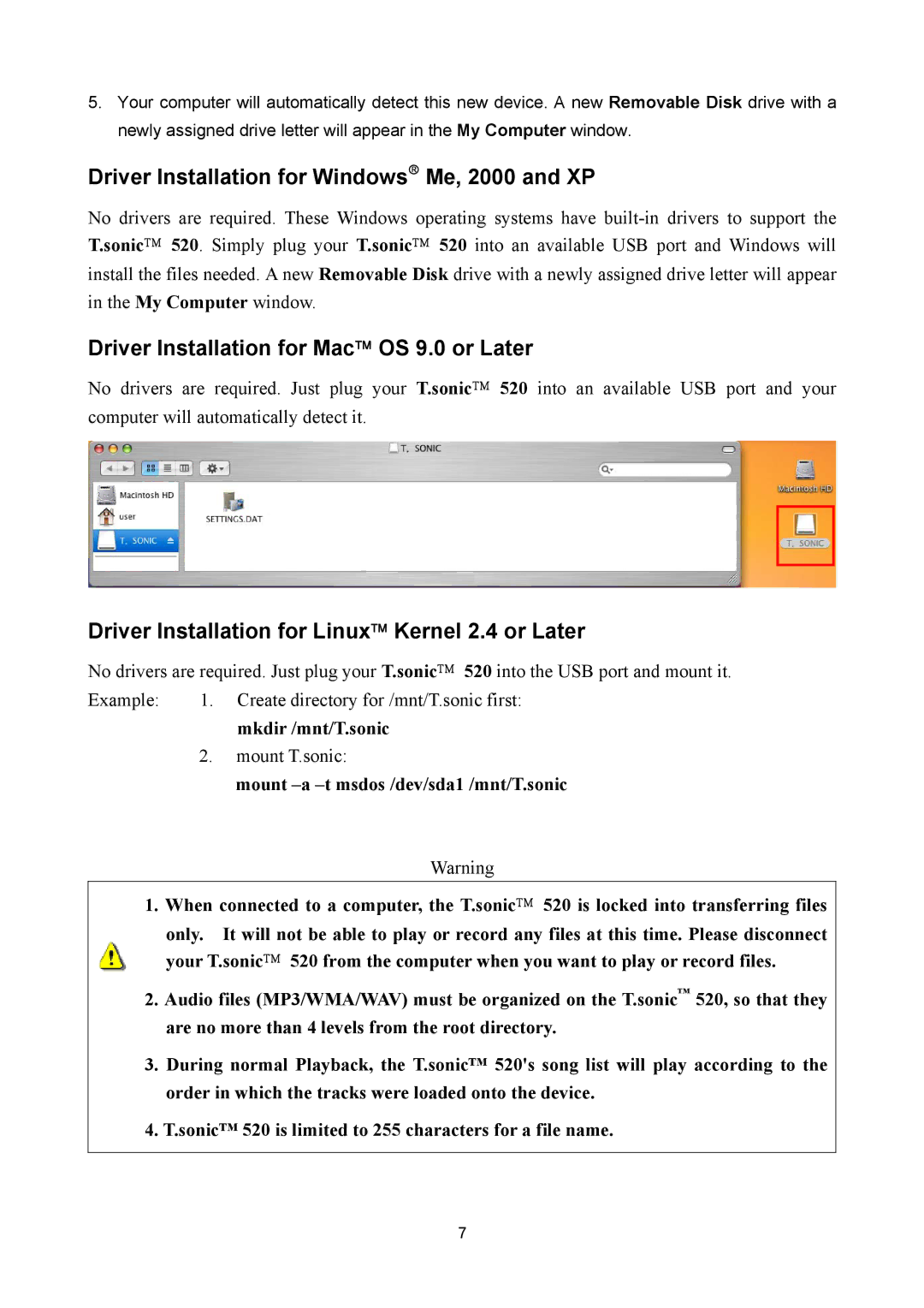 Sonic Blue P/NTS1GMP520 Driver Installation for Windows Me, 2000 and XP, Driver Installation for Mac OS 9.0 or Later 