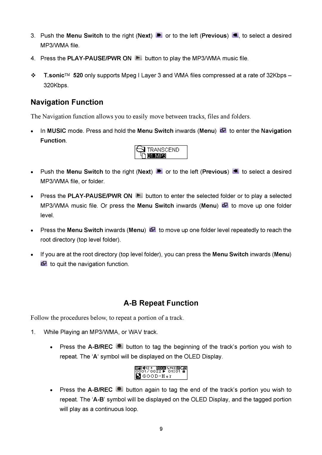 Sonic Blue P/NTS1GMP520, P/NTS512MMP520 Navigation Function, Follow the procedures below, to repeat a portion of a track 