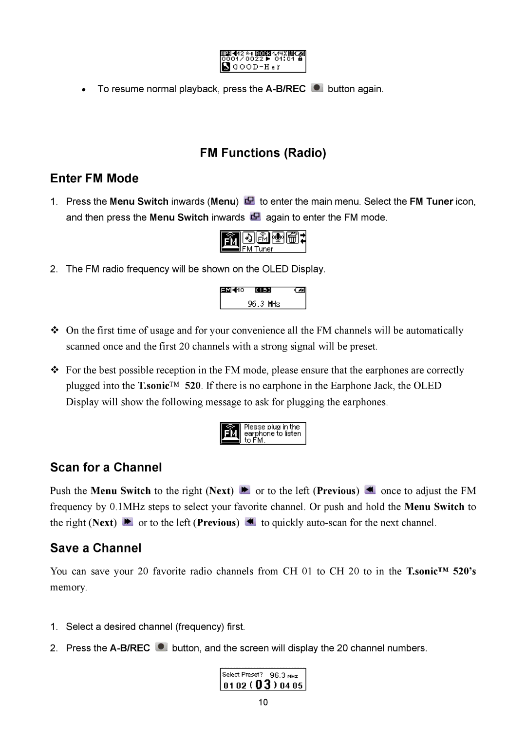 Sonic Blue P/NTS512MMP520, P/NTS1GMP520 user manual FM Functions Radio Enter FM Mode, Scan for a Channel, Save a Channel 