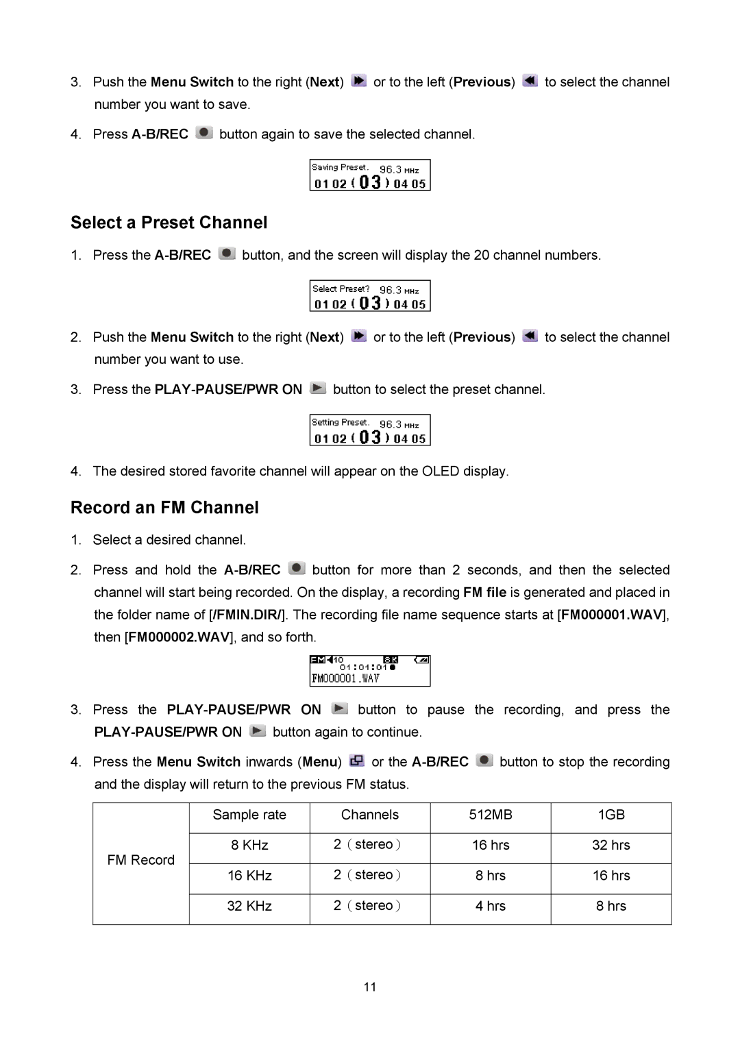 Sonic Blue P/NTS1GMP520, P/NTS512MMP520 user manual Select a Preset Channel, Record an FM Channel 