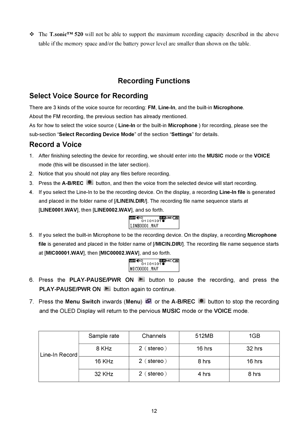 Sonic Blue P/NTS512MMP520, P/NTS1GMP520 user manual Recording Functions Select Voice Source for Recording, Record a Voice 