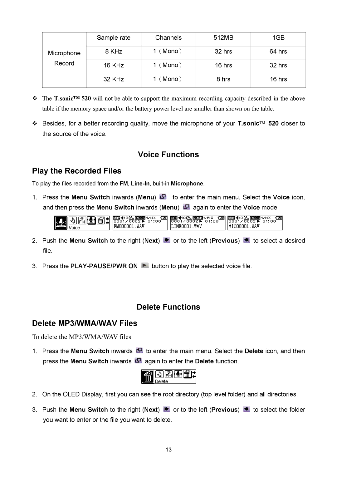 Sonic Blue P/NTS1GMP520, P/NTS512MMP520 Voice Functions Play the Recorded Files, Delete Functions Delete MP3/WMA/WAV Files 