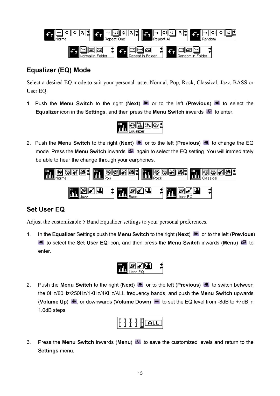 Sonic Blue P/NTS1GMP520, P/NTS512MMP520 user manual Equalizer EQ Mode, Set User EQ 