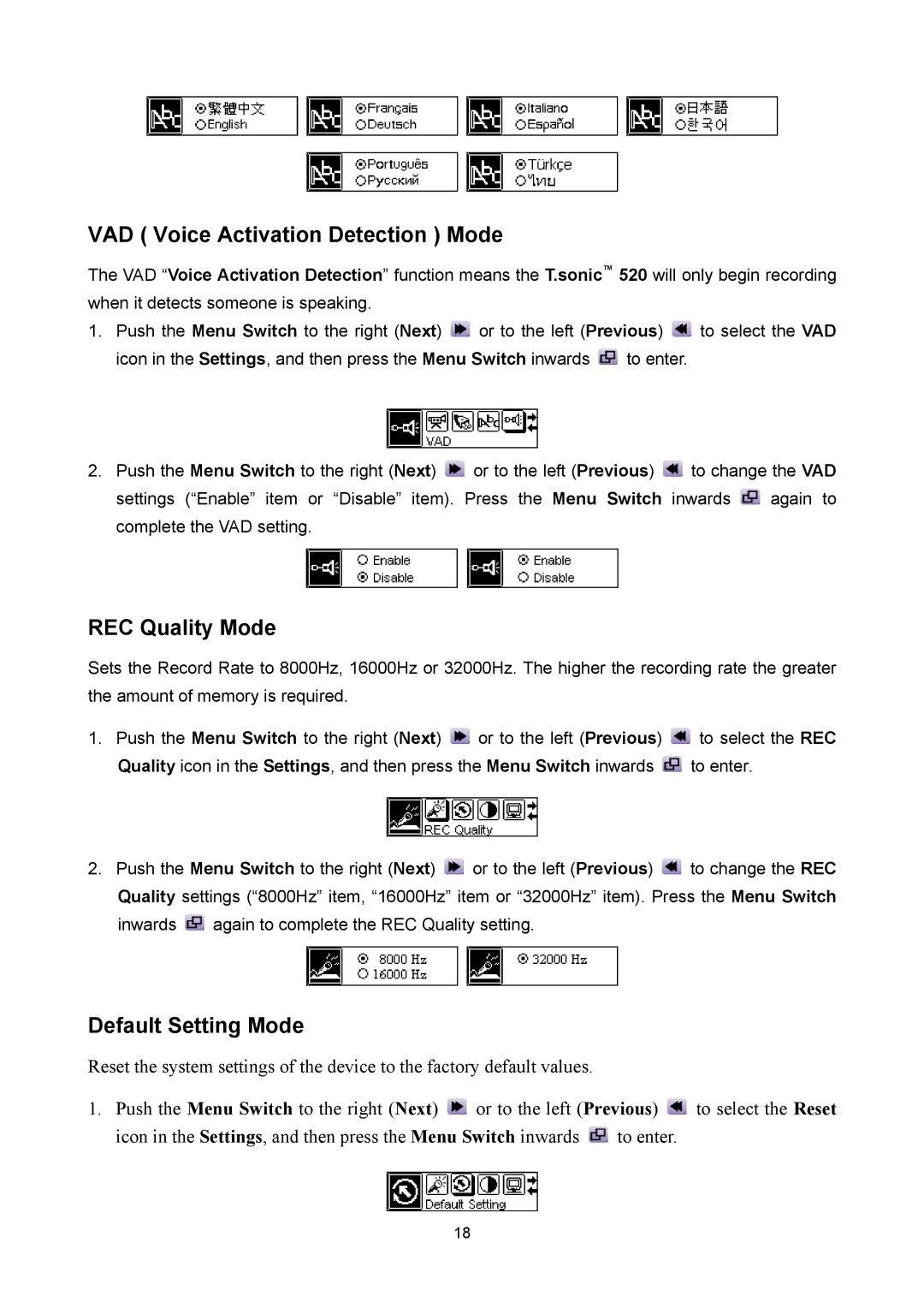 Sonic Blue P/NTS512MMP520, P/NTS1GMP520 VAD Voice Activation Detection Mode, REC Quality Mode, Default Setting Mode 