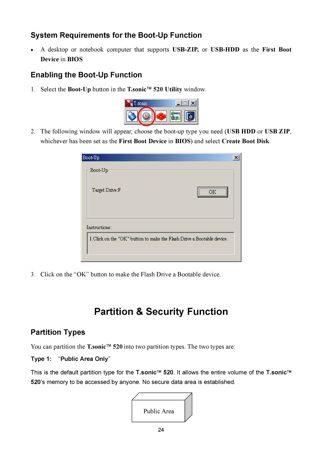 Sonic Blue P/NTS512MMP520 System Requirements for the Boot-Up Function, Enabling the Boot-Up Function, Partition Types 