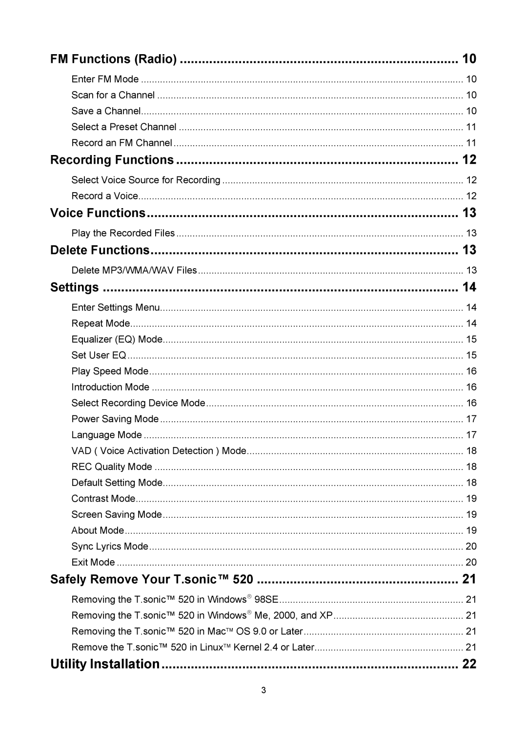 Sonic Blue P/NTS1GMP520 user manual FM Functions Radio, Recording Functions, Voice Functions, Delete Functions, Settings 