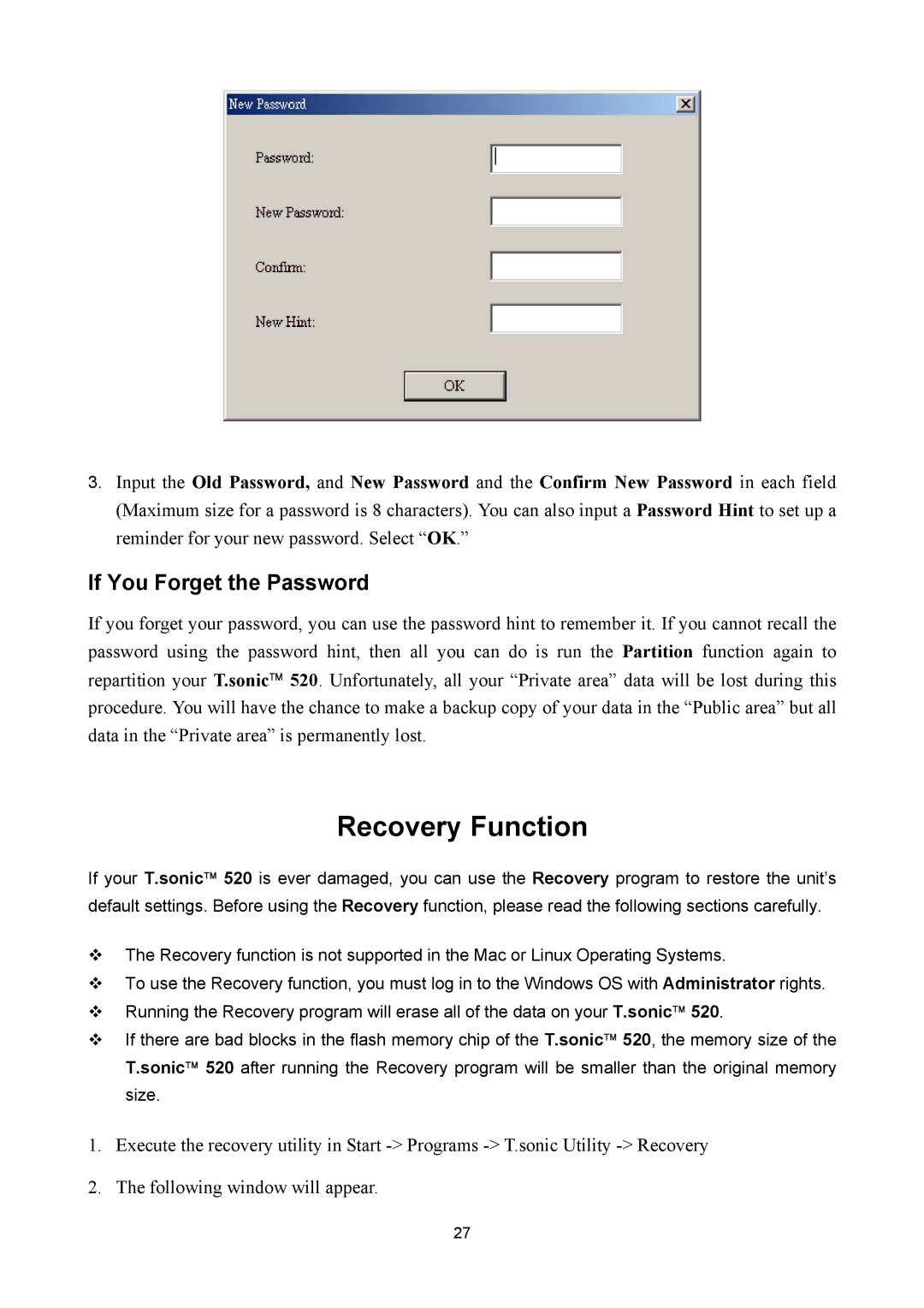 Sonic Blue P/NTS1GMP520, P/NTS512MMP520 user manual Recovery Function, If You Forget the Password 