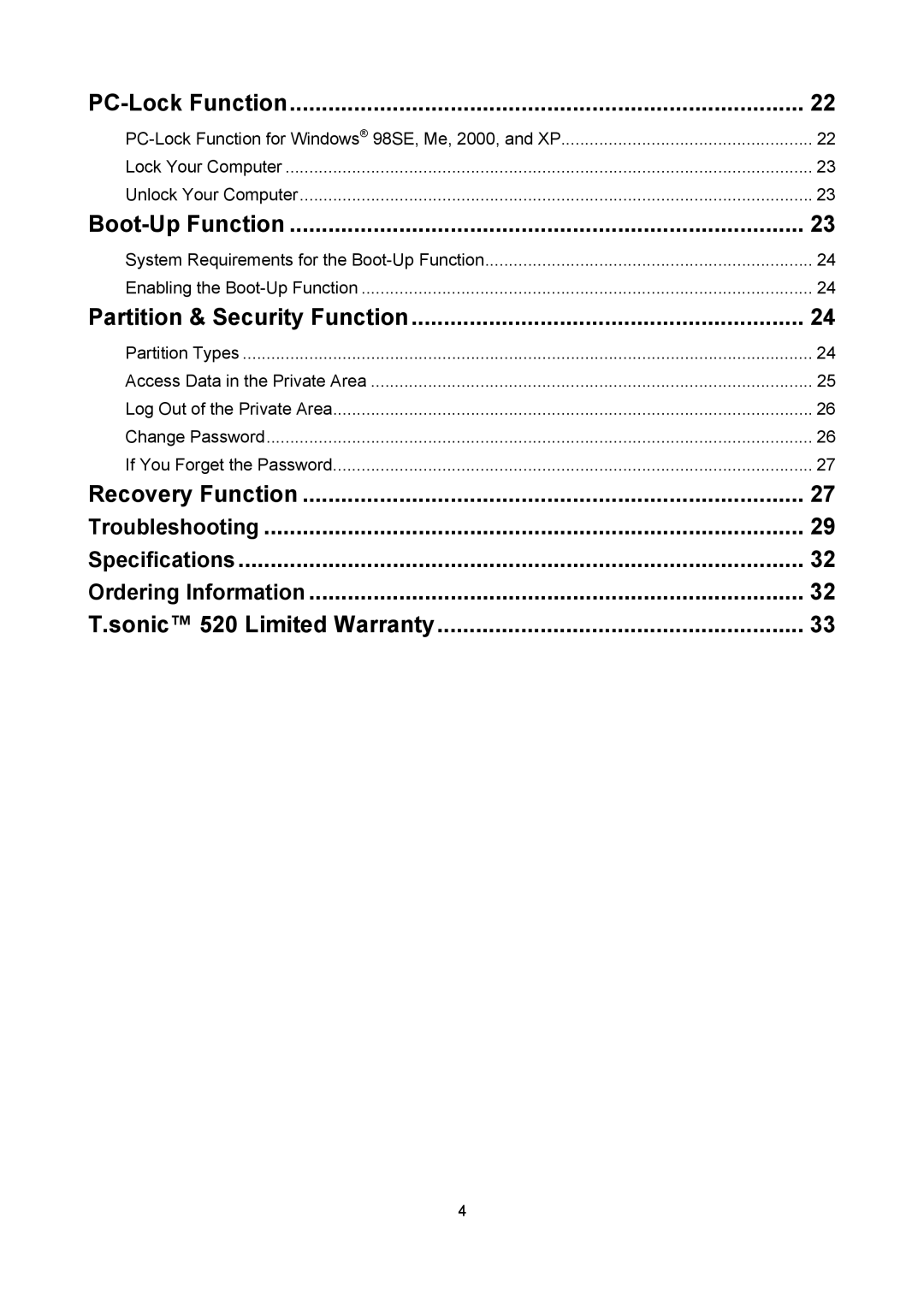 Sonic Blue P/NTS512MMP520, P/NTS1GMP520 user manual PC-Lock Function, Boot-Up Function, Partition & Security Function 