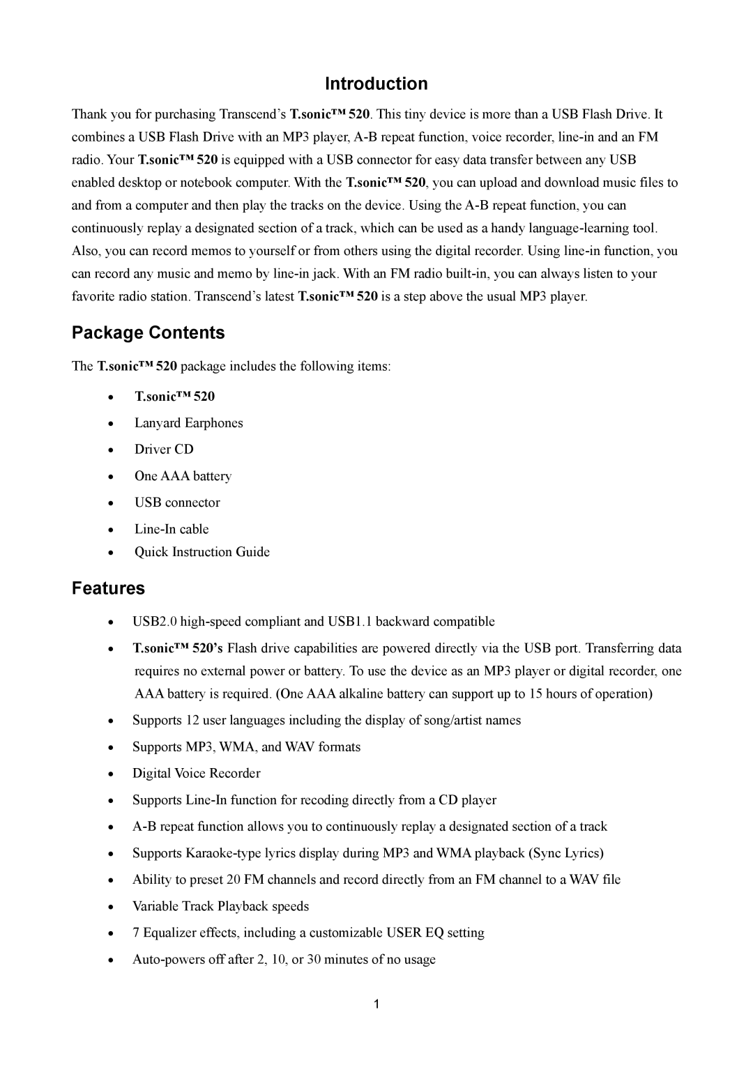 Sonic Blue P/NTS1GMP520, P/NTS512MMP520 user manual Package Contents, Features 