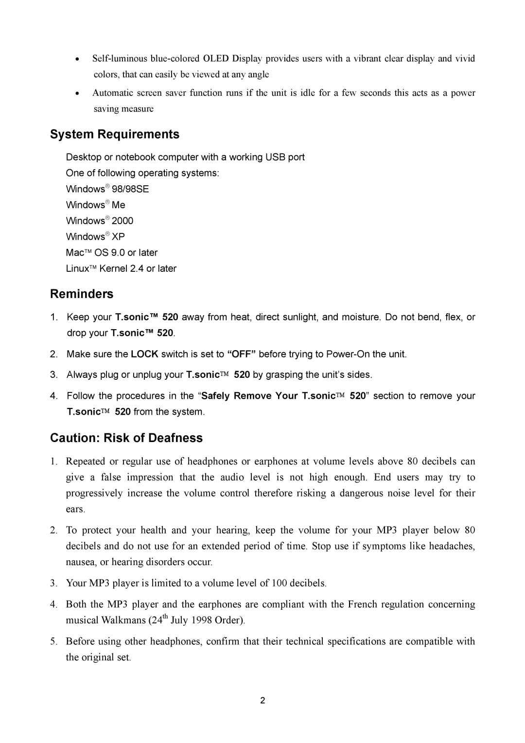 Sonic Blue P/NTS512MMP520, P/NTS1GMP520 user manual System Requirements, Reminders 