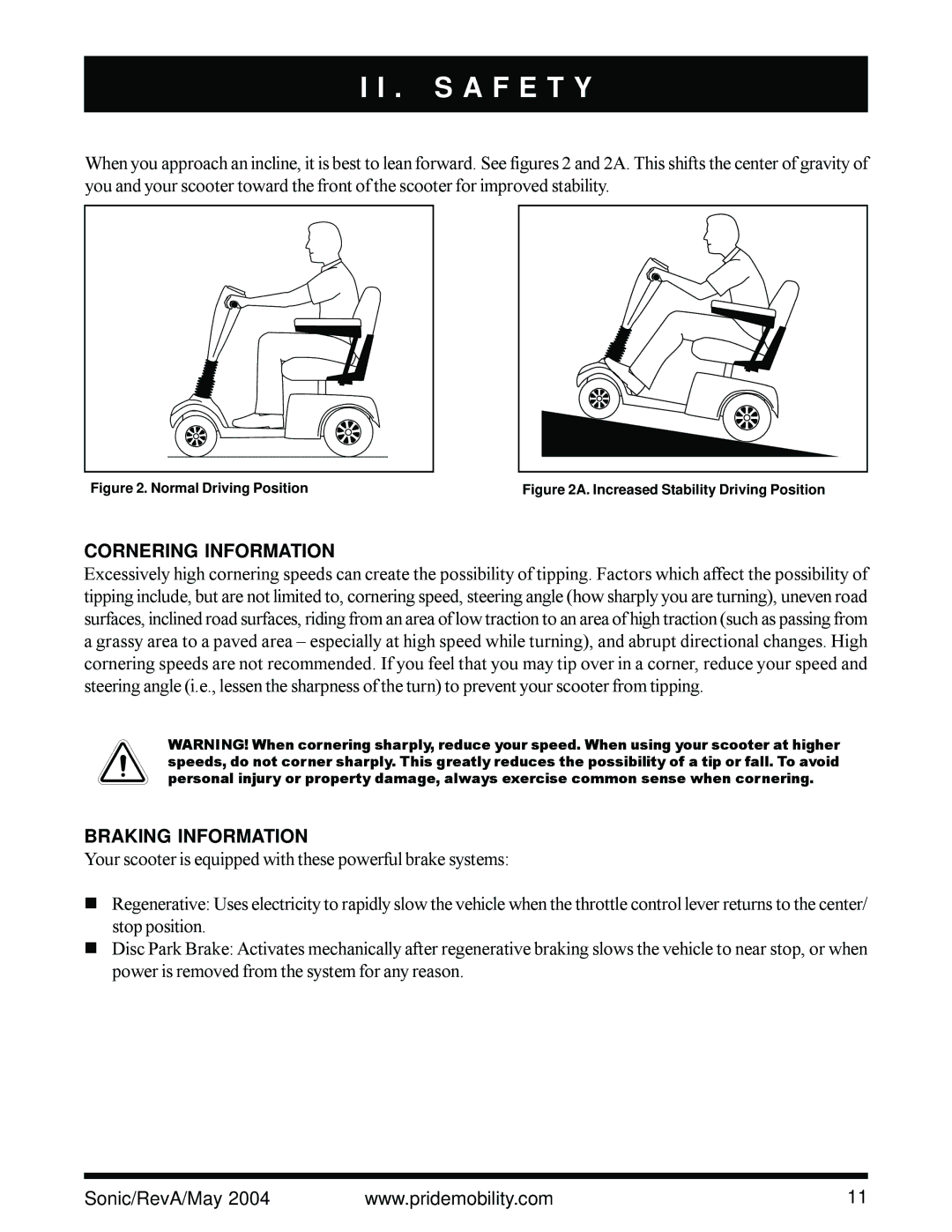 Sonic Blue Scooter owner manual Cornering Information, Braking Information 