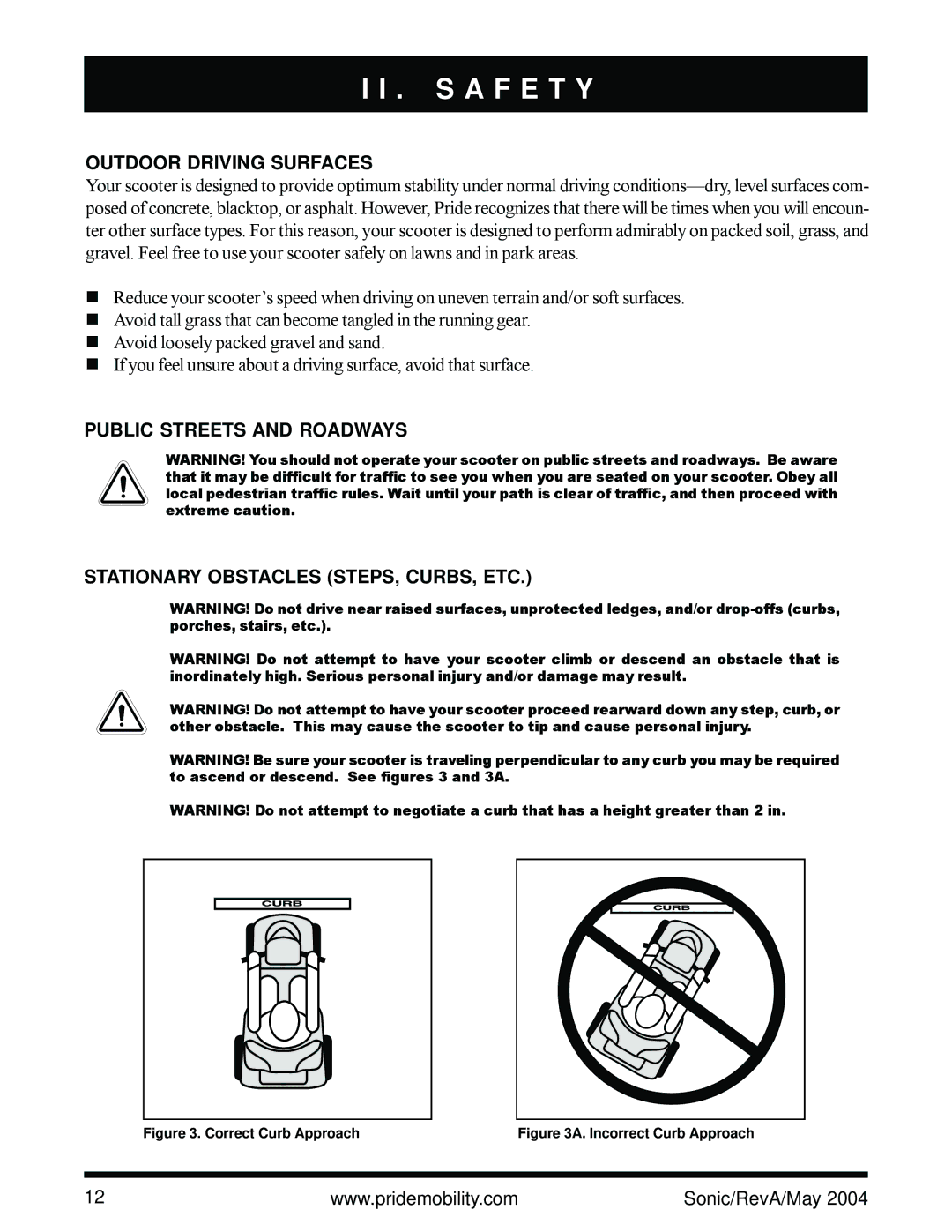 Sonic Blue Scooter owner manual Outdoor Driving Surfaces, Correct Curb Approach 