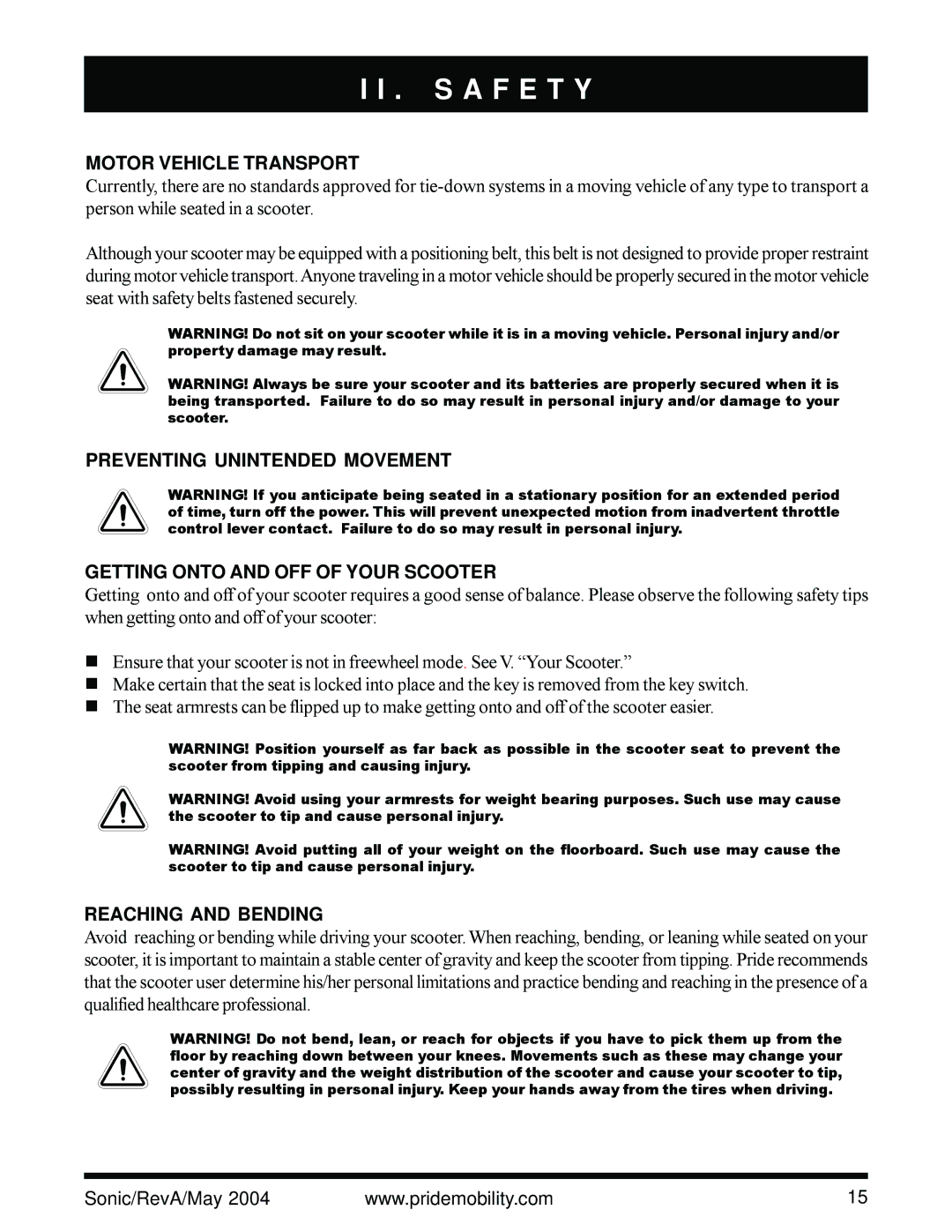 Sonic Blue Scooter owner manual Motor Vehicle Transport, Reaching and Bending 