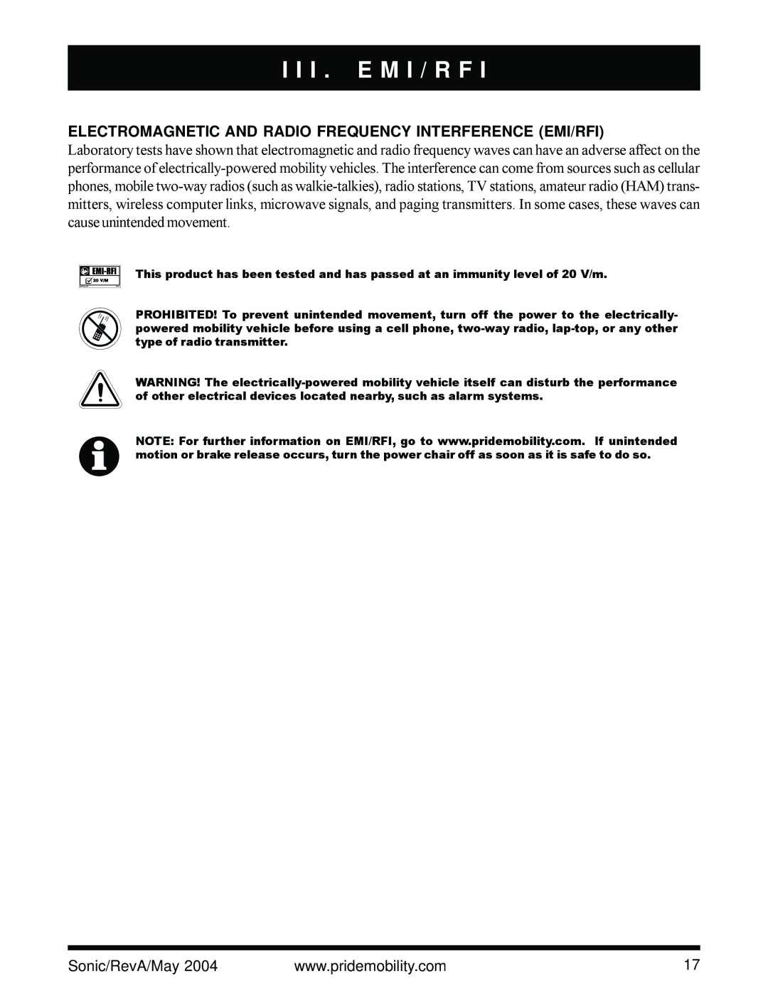 Sonic Blue Scooter owner manual I . E M I / R F, Electromagnetic and Radio Frequency Interference EMI/RFI 