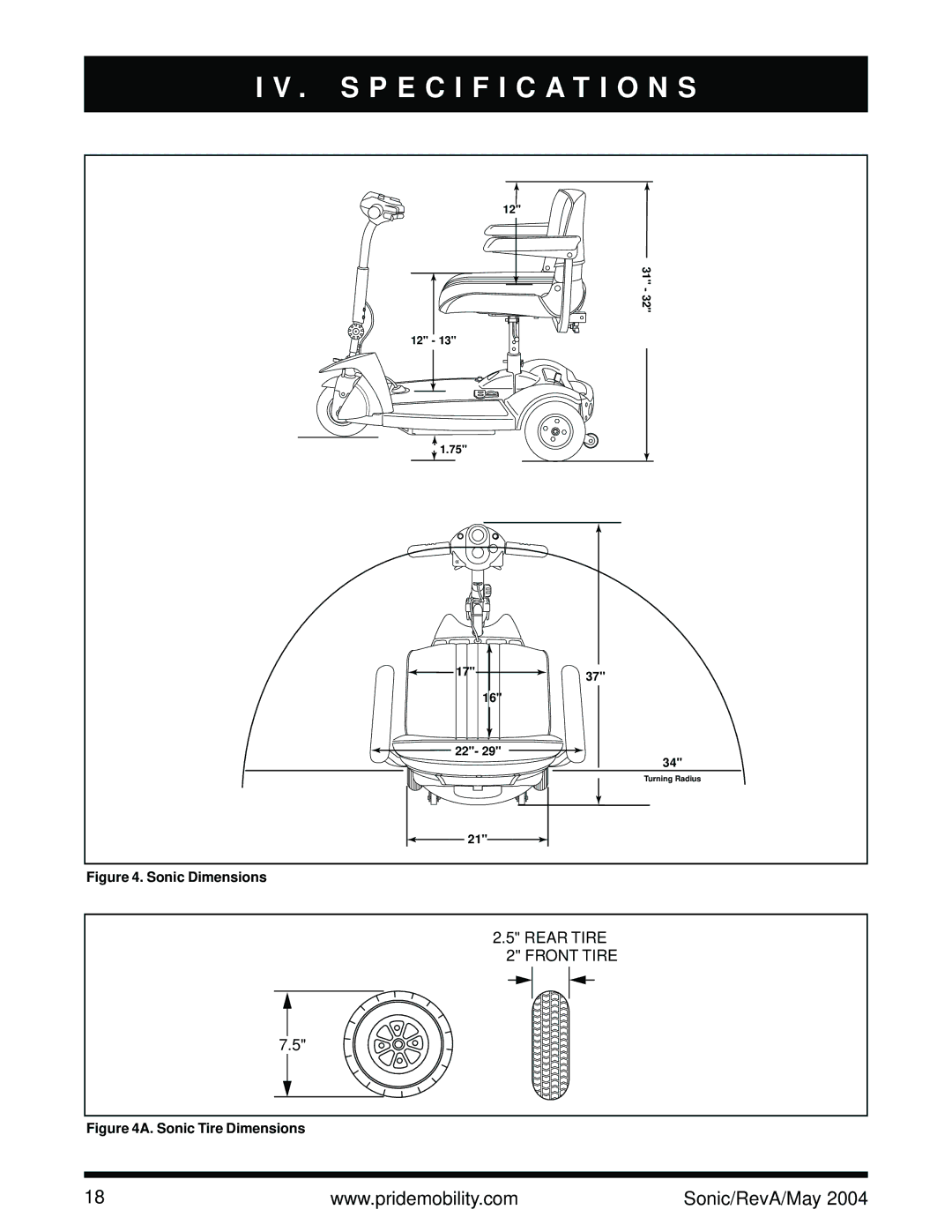 Sonic Blue Scooter owner manual Specification S, Sonic Dimensions 