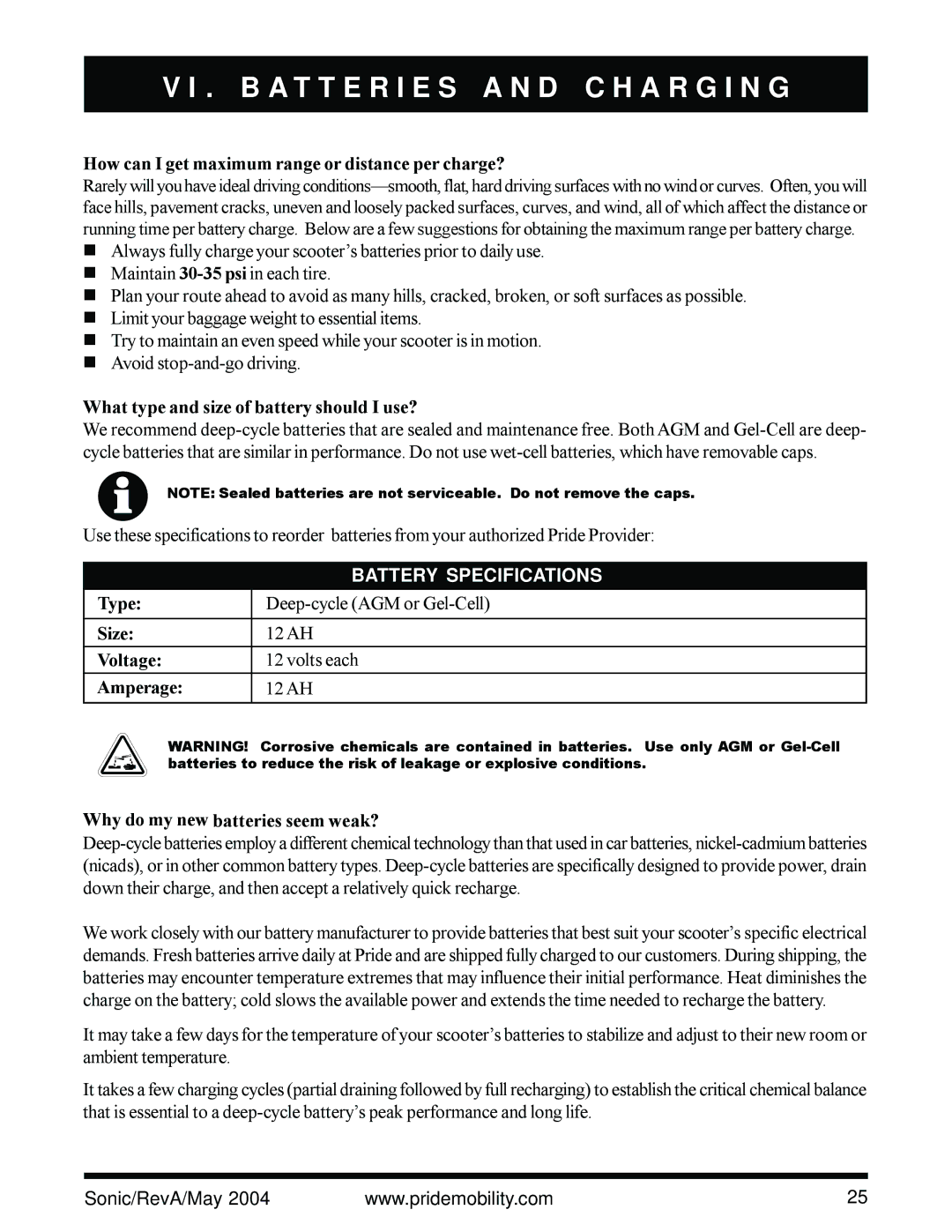 Sonic Blue Scooter owner manual Battery Specifications 