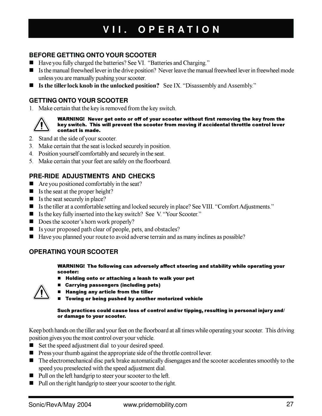 Sonic Blue owner manual I . O P E R a T I O N, Before Getting Onto Your Scooter, PRE-RIDE Adjustments and Checks 