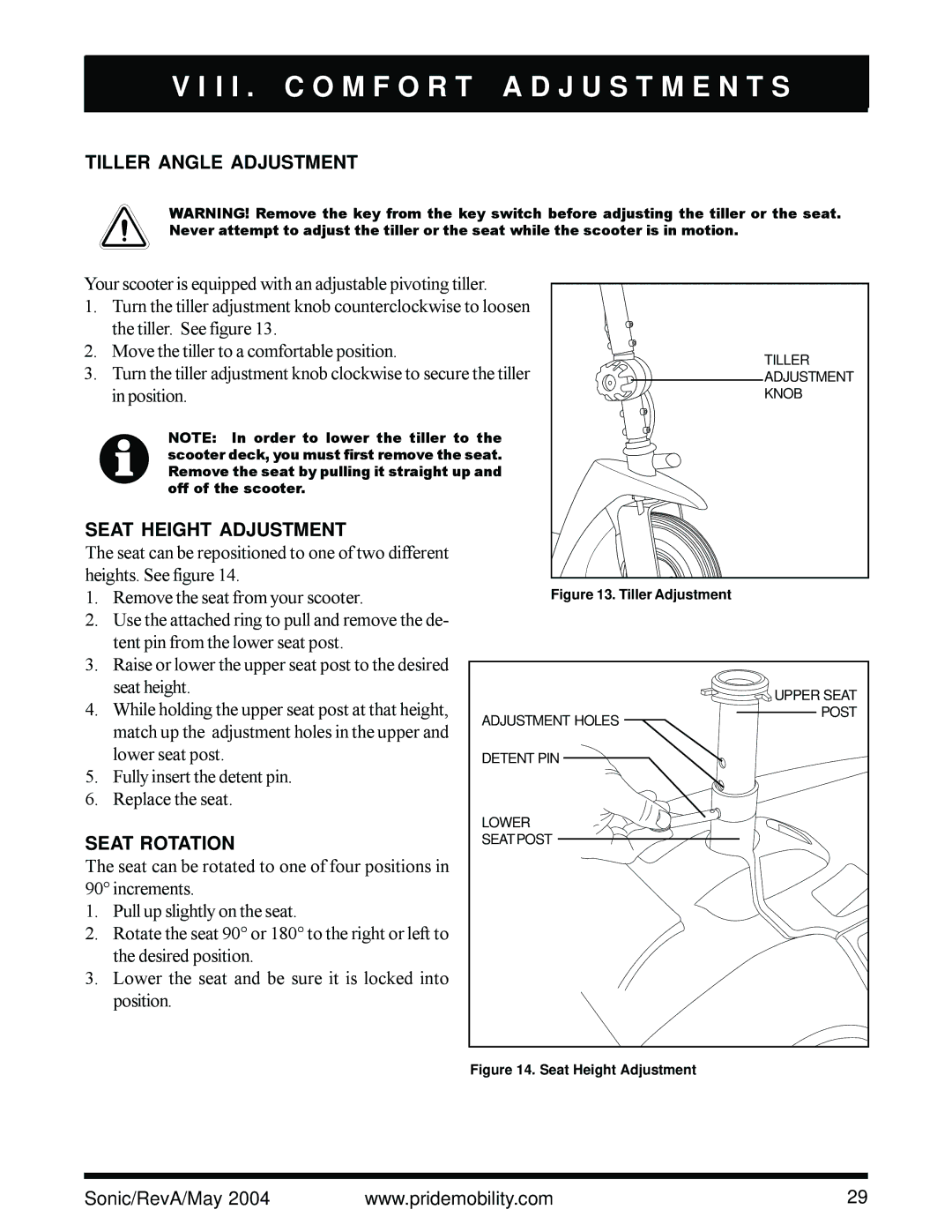 Sonic Blue Scooter owner manual I I . C O M F O R T a D J U S T M E N T S, Tiller Angle Adjustment, Seat Height Adjustment 