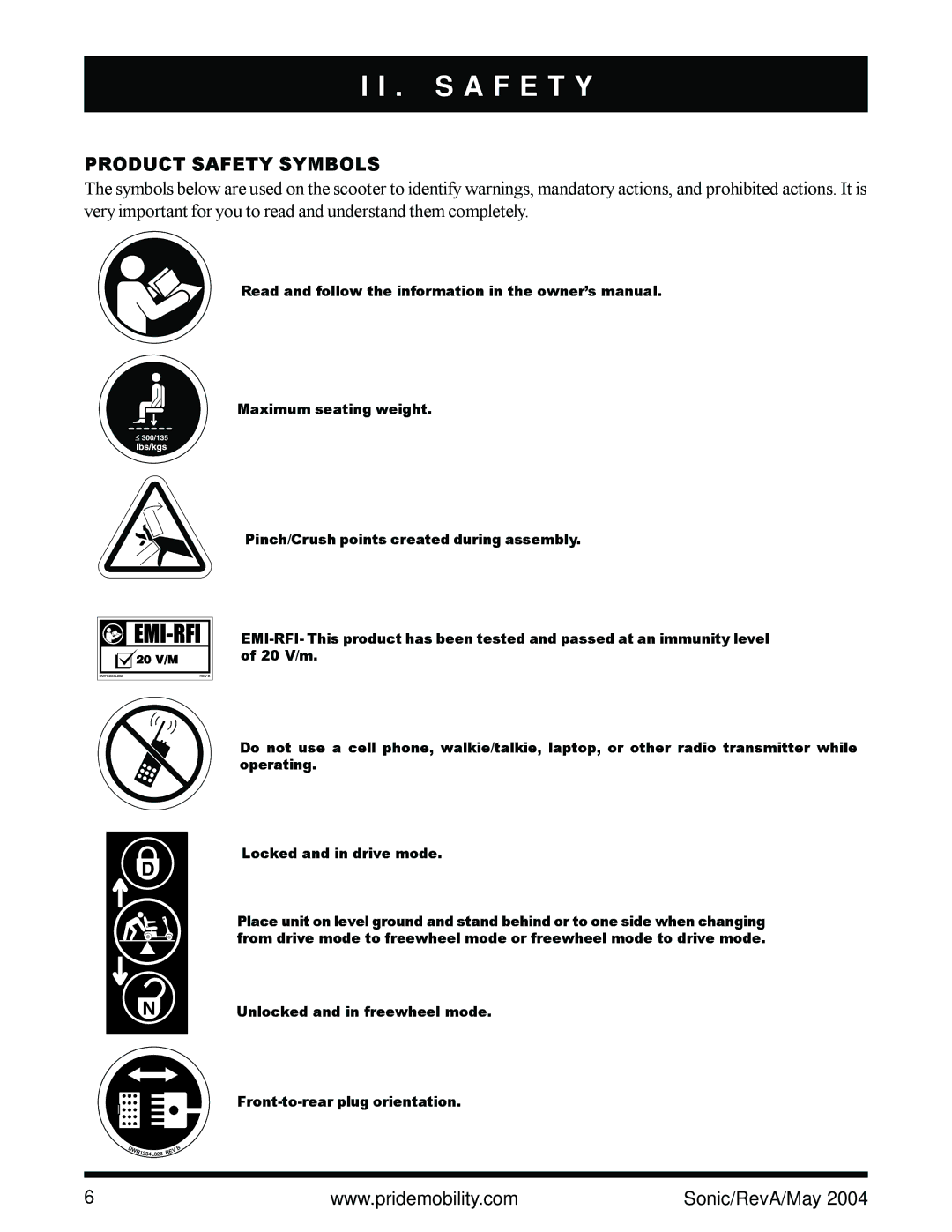 Sonic Blue Scooter owner manual S a F E T Y, Product Safety Symbols 