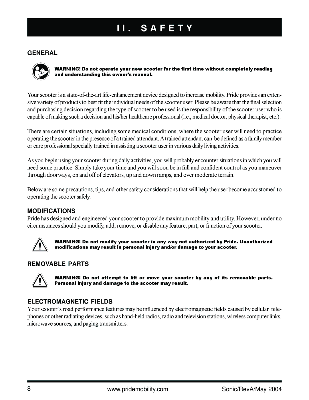 Sonic Blue Scooter owner manual General, Modifications, Removable Parts Electromagnetic Fields 