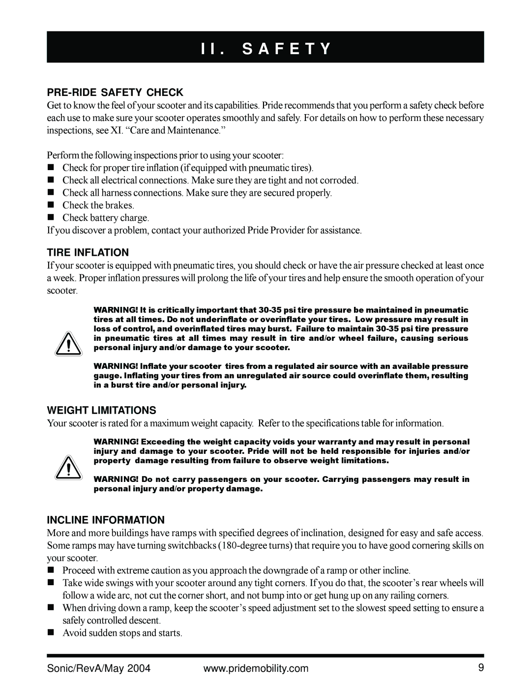 Sonic Blue Scooter owner manual PRE-RIDE Safety Check, Tire Inflation, Weight Limitations, Incline Information 