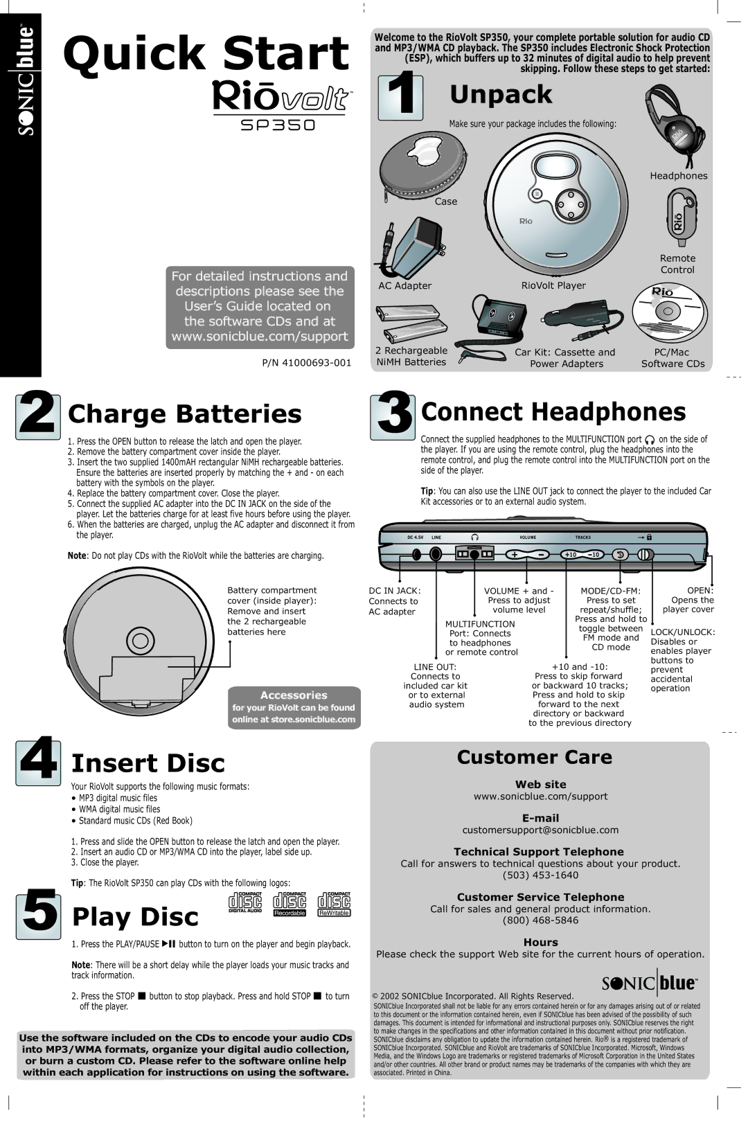 Sonic Blue SP350 quick start Unpack, Charge Batteries, Insert Disc, Play Disc, Connect Headphones 