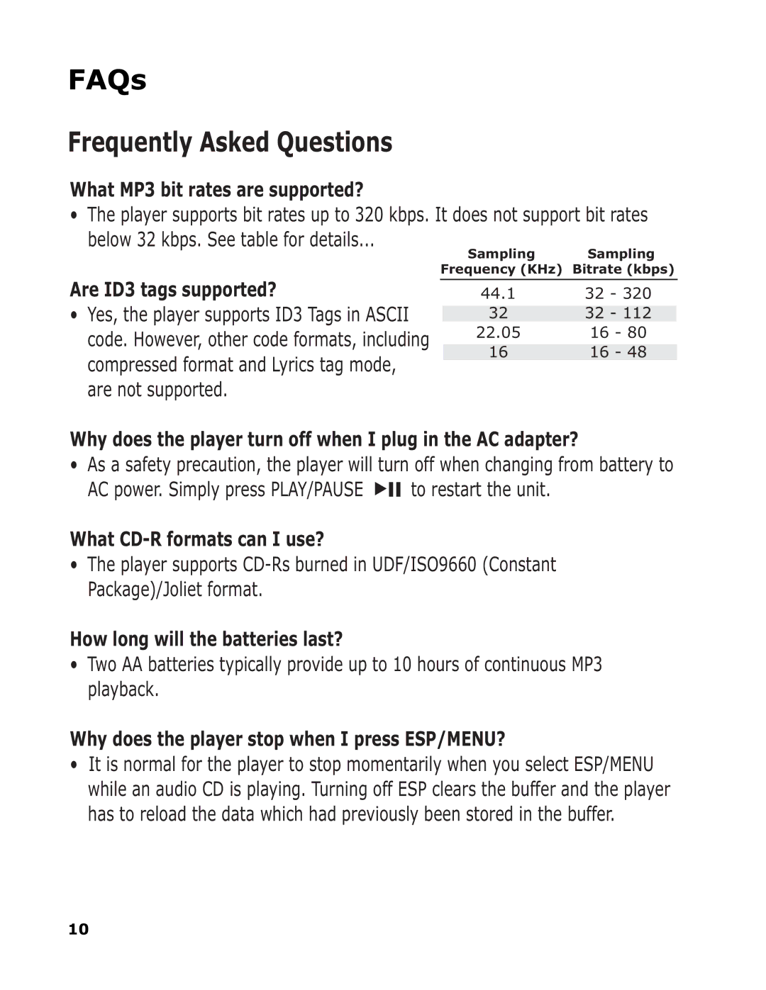 Sonic Blue SP50 manual FAQs, Frequently Asked Questions 