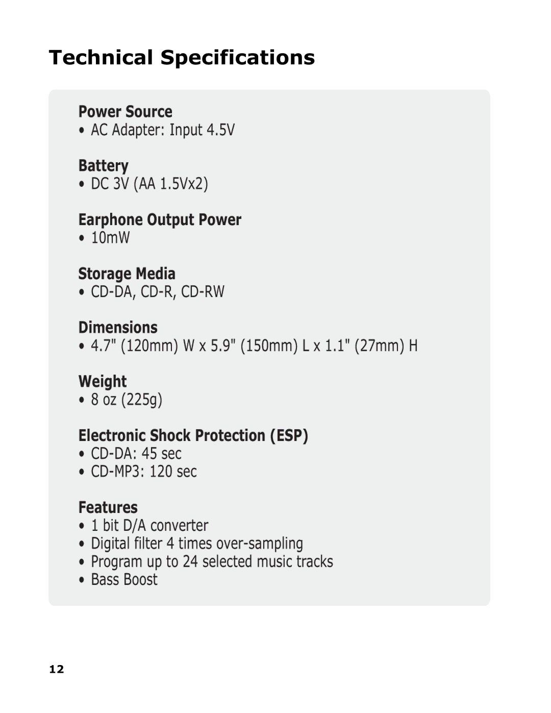 Sonic Blue SP50 manual Technical Specifications, Features 