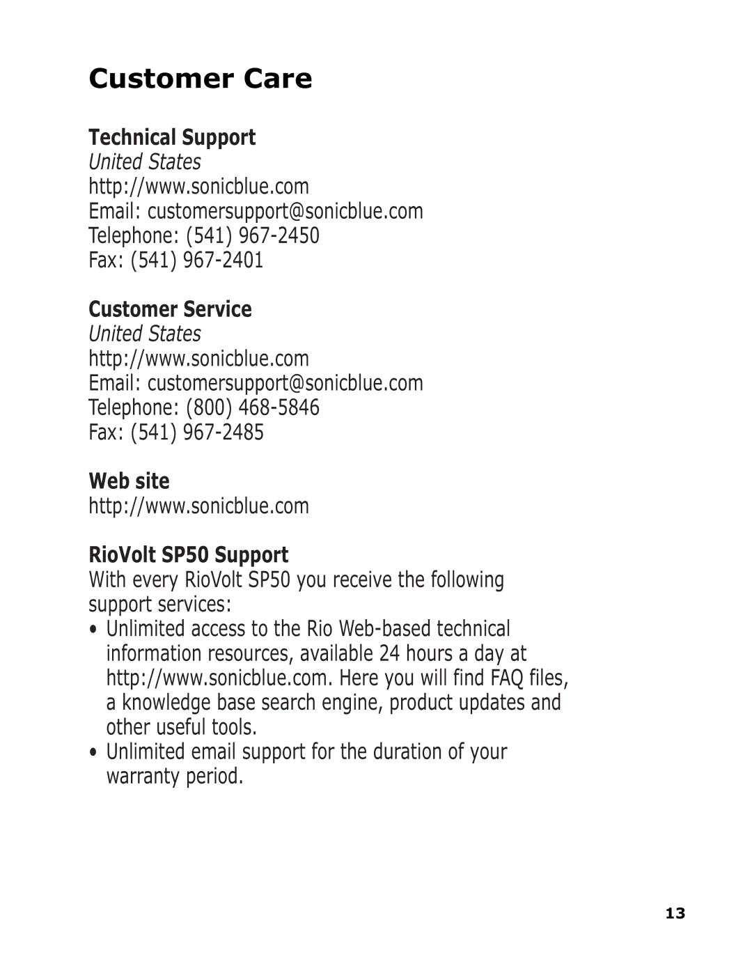 Sonic Blue manual Customer Care, Web site RioVolt SP50 Support 