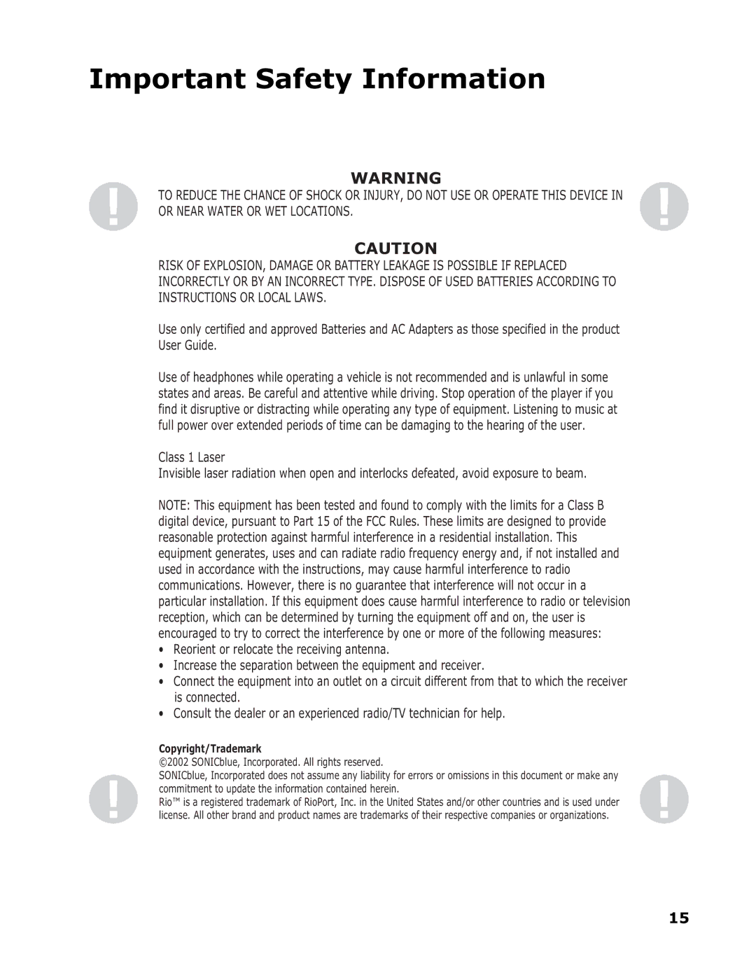 Sonic Blue SP50 manual Important Safety Information, Copyright/Trademark 