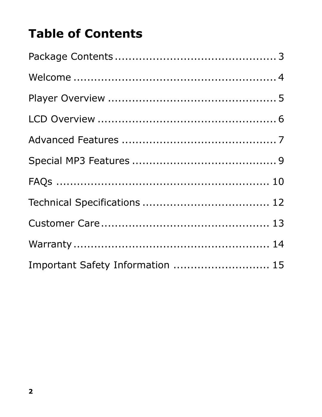 Sonic Blue SP50 manual Table of Contents 