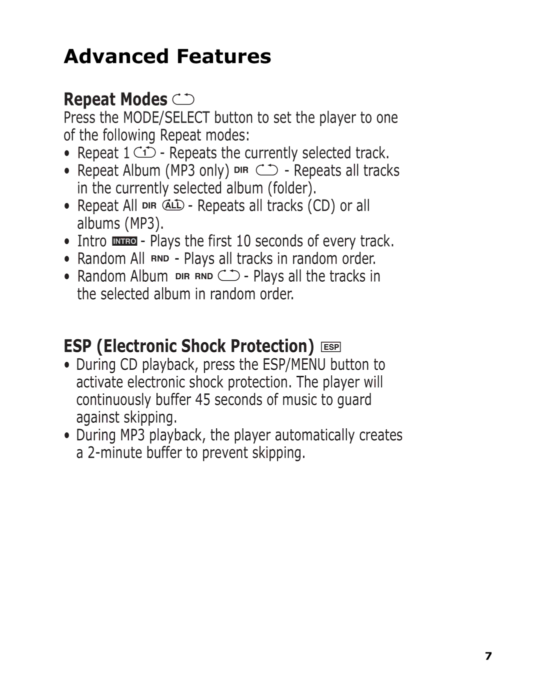 Sonic Blue SP50 manual Advanced Features, Repeat Modes 