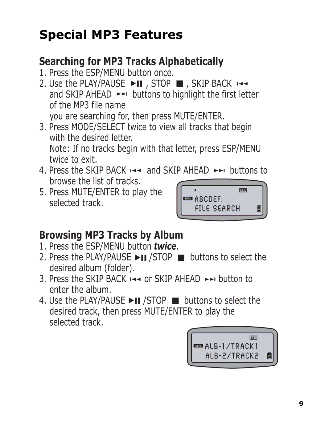 Sonic Blue SP50 manual Special MP3 Features, Searching for MP3 Tracks Alphabetically 