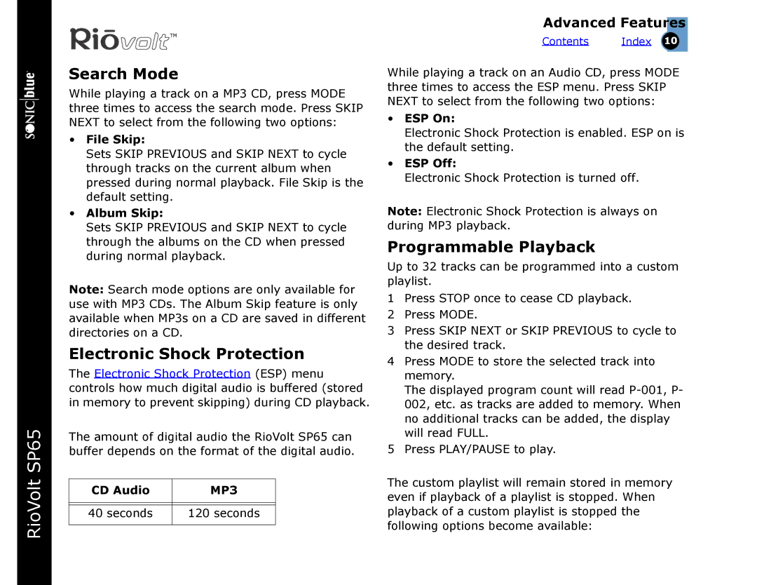 Sonic Blue SP65 warranty Search Mode, Electronic Shock Protection, Programmable Playback 